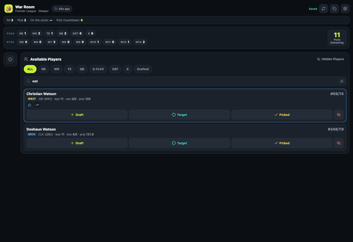 Available Players list with "wat" typed into the search field, narrowing it to two player cards, Christian Watson and Deshaun Watson, each with Draft, Target and Picked buttons.