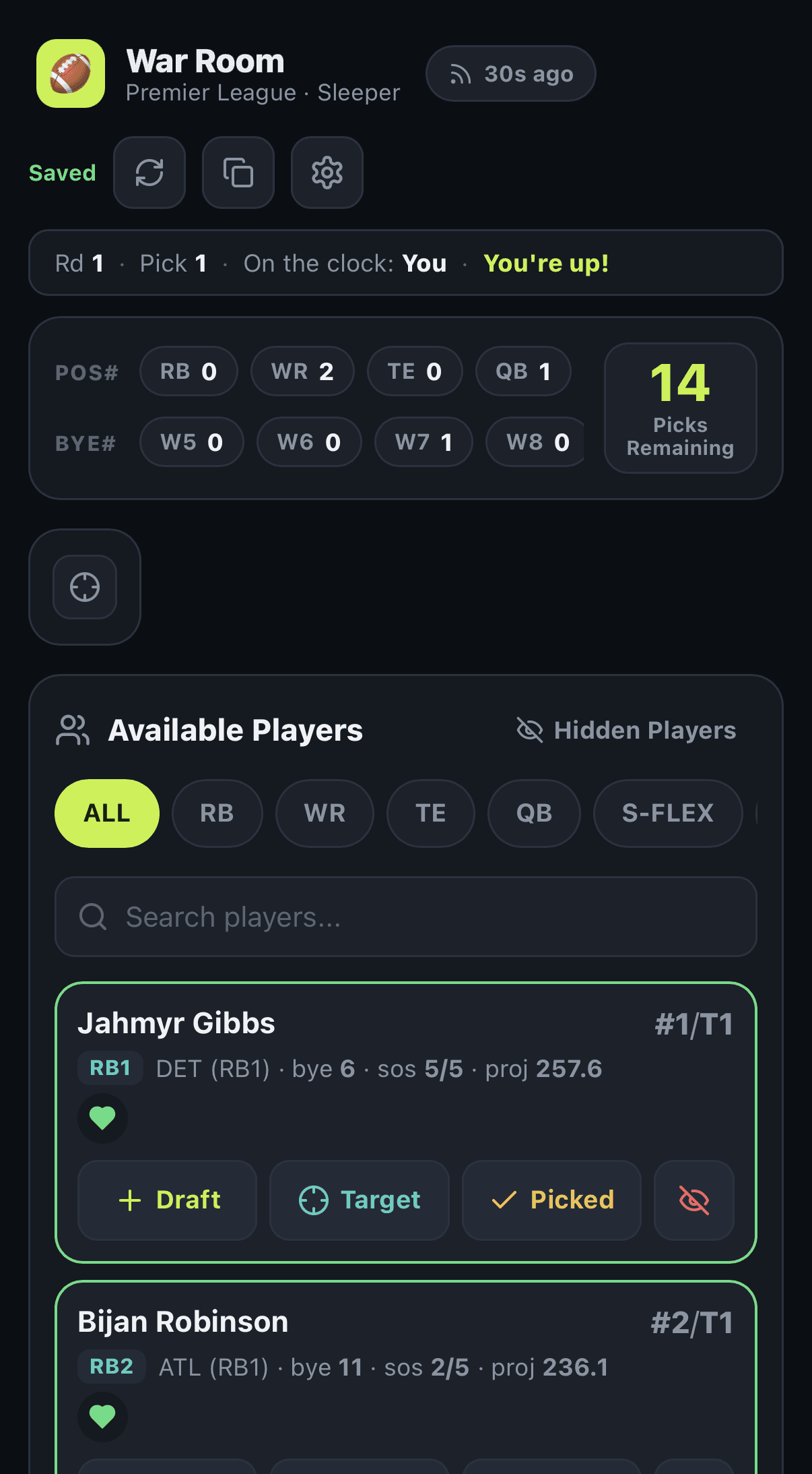 Mobile view of the draft assistant in a single column. The header, draft status, position and bye-week chips, and a Picks Remaining tile showing 14 stack above the Available Players list, whose filter tabs scroll sideways. Cards for Jahmyr Gibbs and Bijan Robinson have green hearts and borders, with Draft, Target and Picked buttons on the first card.