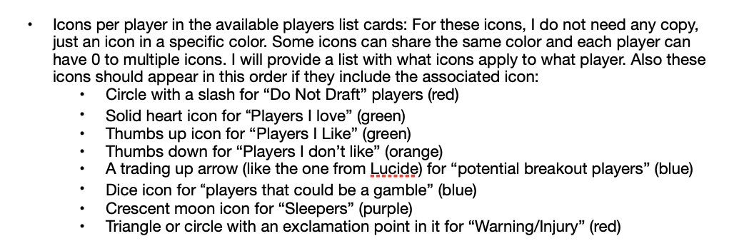 Excerpt from a Word document listing eight player icons in the order they should appear on a card, each with a color. Circle with a slash for Do Not Draft, red. Solid heart for Players I Love, green. Thumbs up for Players I Like, green. Thumbs down for Players I Don't Like, orange. Trending-up arrow for Potential Breakout, blue. Dice for Gamble, blue. Crescent moon for Sleepers, purple. Warning triangle or circle with an exclamation point for Warning or Injury, red.
