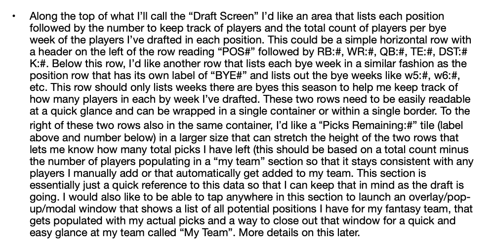 Excerpt from a Word document describing a planned quick-reference area at the top of the draft screen. It calls for a row of position counts, a row of bye-week counts, and a larger Picks Remaining tile in the same container, which opens a My Team overlay when tapped.