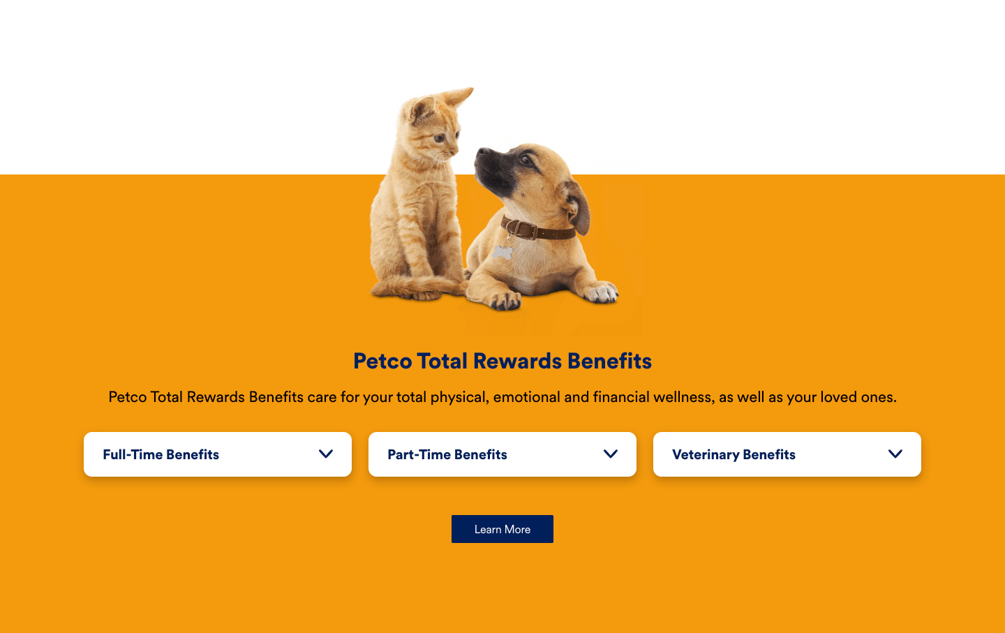 A photo of a kitten and puppy on an orange background above three collapsed accordions labeled Full-Time Benefits, Part-Time Benefits and Veterinary Benefits.