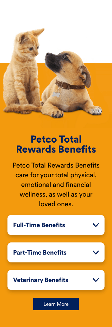 Three collapsed accordions — Full-Time Benefits, Part-Time Benefits and Veterinary Benefits — stacked vertically below a photo of a kitten and puppy on an orange background and the section's introductory copy.