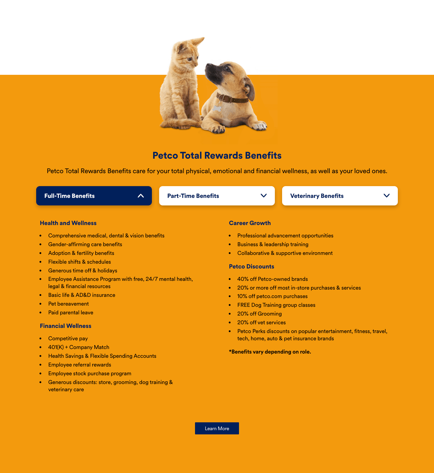 Full-Time Benefits expanded on an orange background into two columns — Health and Wellness and Financial Wellness on the left, Career Growth and Petco Discounts on the right — with a note below reading "Benefits vary depending on role," and Part-Time Benefits and Veterinary Benefits remaining collapsed alongside it.