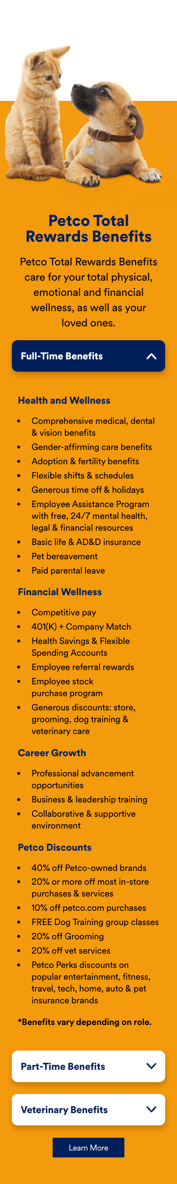 Full-Time Benefits expanded on a narrow viewport into a single stacked column listing Health and Wellness, Financial Wellness, Career Growth and Petco Discounts, ending in a note reading "Benefits vary depending on role," with Part-Time Benefits and Veterinary Benefits remaining collapsed beneath it.