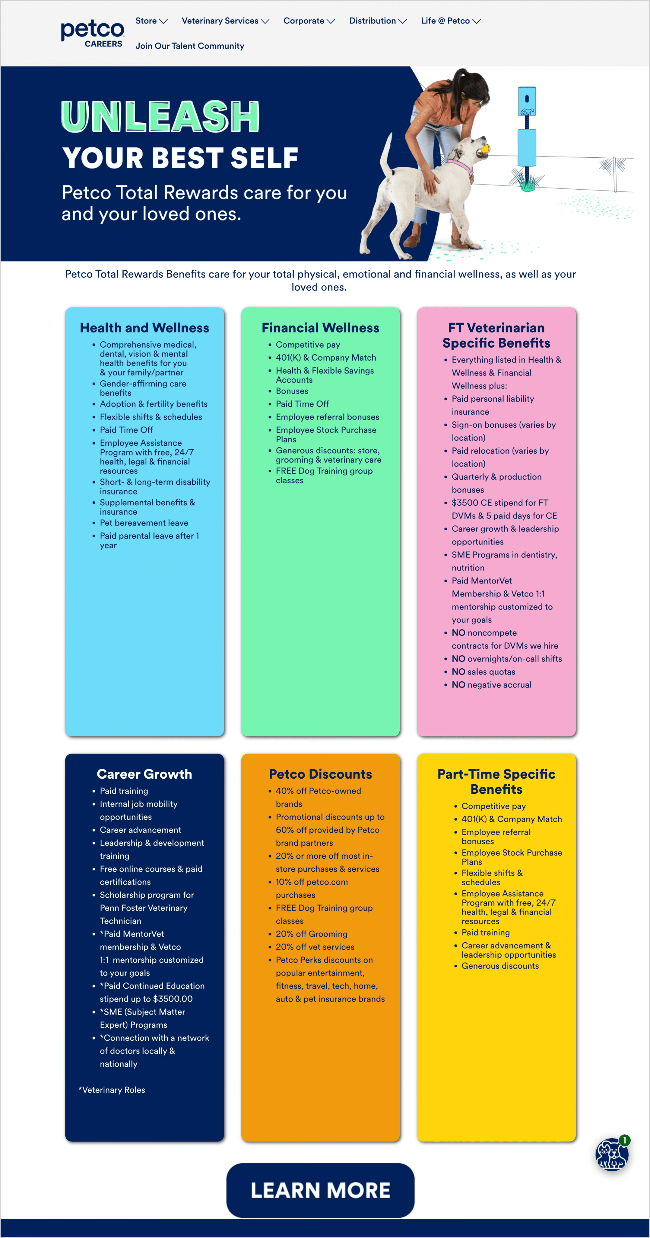 The original live benefits page: an "Unleash Your Best Self" banner above six color-coded categories — Health and Wellness, Financial Wellness, FT Veterinarian Specific Benefits, Career Growth, Petco Discounts and Part-Time Specific Benefits — all shown at once with limited indication of which apply to which role.