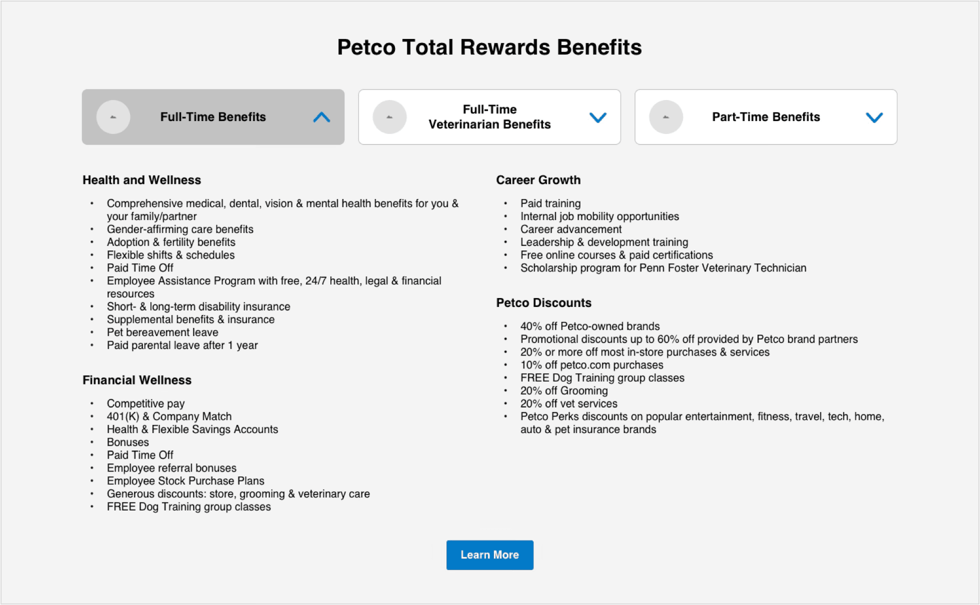 The Full-Time Benefits row expanded into two columns of bulleted content — Health and Wellness and Financial Wellness on the left, Career Growth and Petco Discounts on the right — while Full-Time Veterinarian Benefits and Part-Time Benefits remain collapsed alongside it.