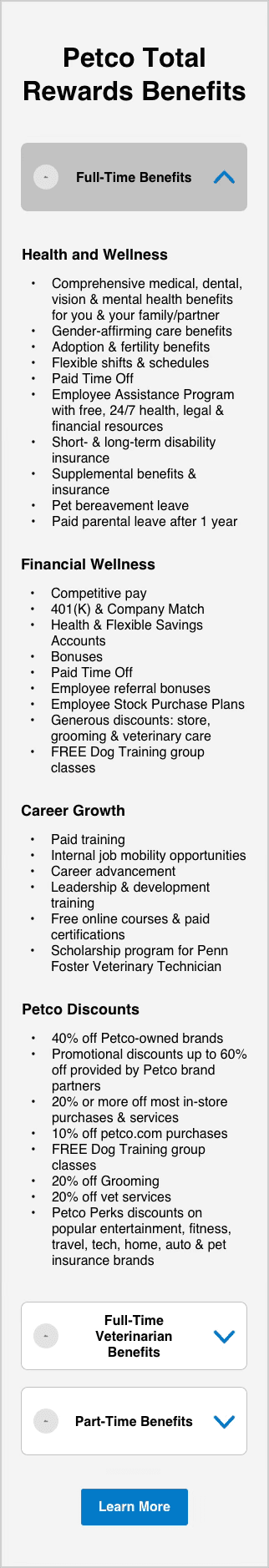Full-Time Benefits expanded on a narrow viewport into a single stacked column listing Health and Wellness, Financial Wellness, Career Growth and Petco Discounts, with Full-Time Veterinarian Benefits and Part-Time Benefits remaining collapsed beneath it.